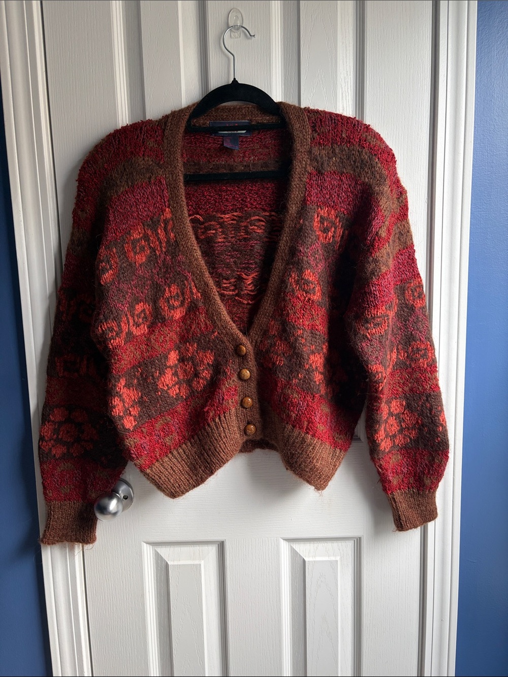 VTG Princeton Club Fuzzy Fair Isle Cardigan Sweater Size M Boho Cottagecore Cozy